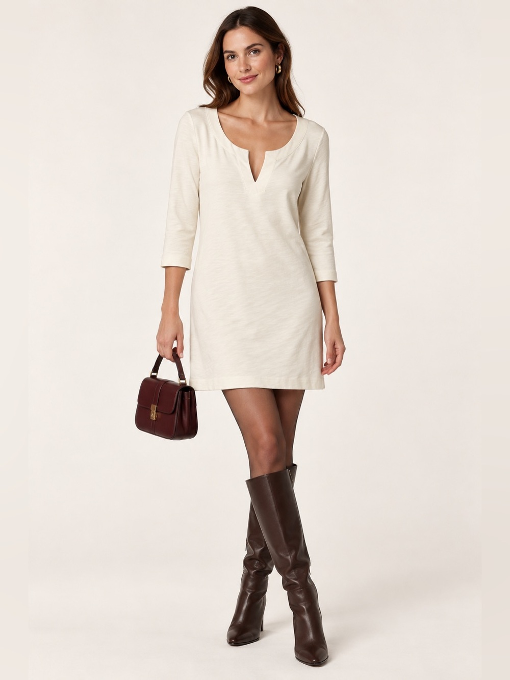 J.Crew Womens XL Ivory Slub Knit Shift Dress Split Neck 3/4 Sleeve Cream